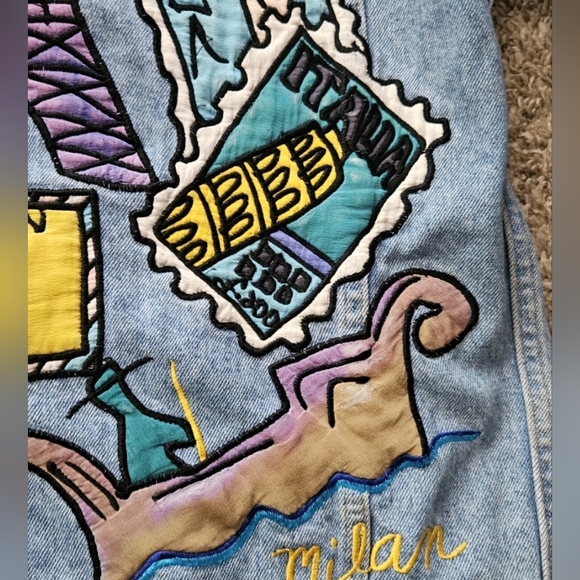 Silkscapes Women's Embroidered Travel The World Blue Jean Jacket Size Small Vtg - Picture 9 of 16